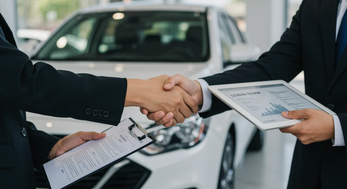 Acordo de financiamento automotivo sendo selado com aperto de mãos em concessionária, representando a superação de desafios para negativados.