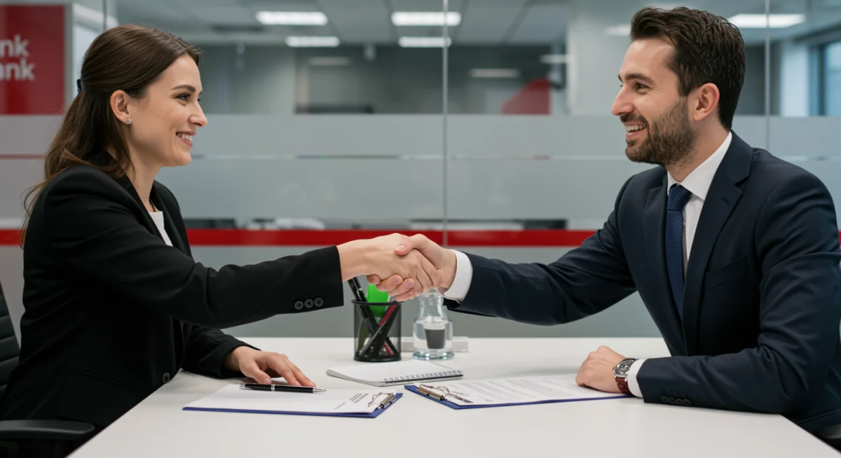 Cliente e gerente de banco apertando as mãos após uma negociação bem-sucedida de financiamento automotivo.