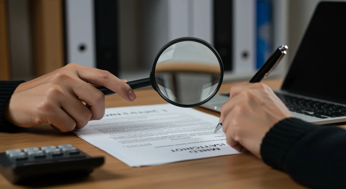 Pessoa analisando cuidadosamente um contrato de financiamento de carro, com lupa e caneta, em busca de detalhes sobre taxas e condições.