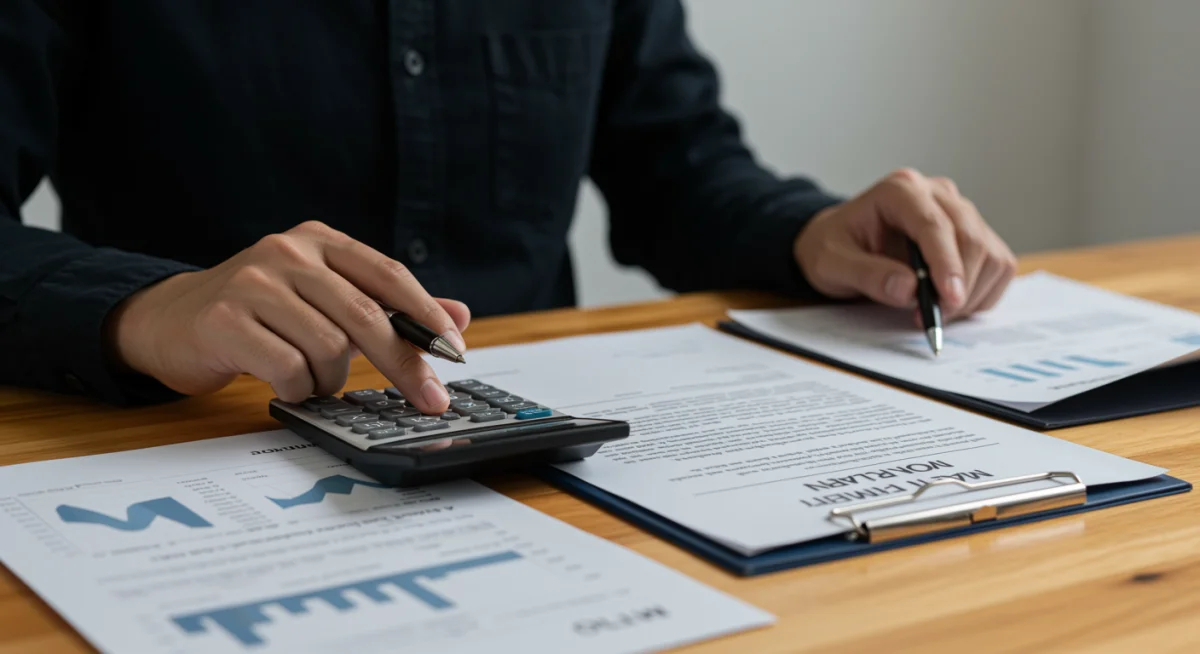 Pessoa analisando contrato de financiamento de carro com calculadora, focando em juros e condições.