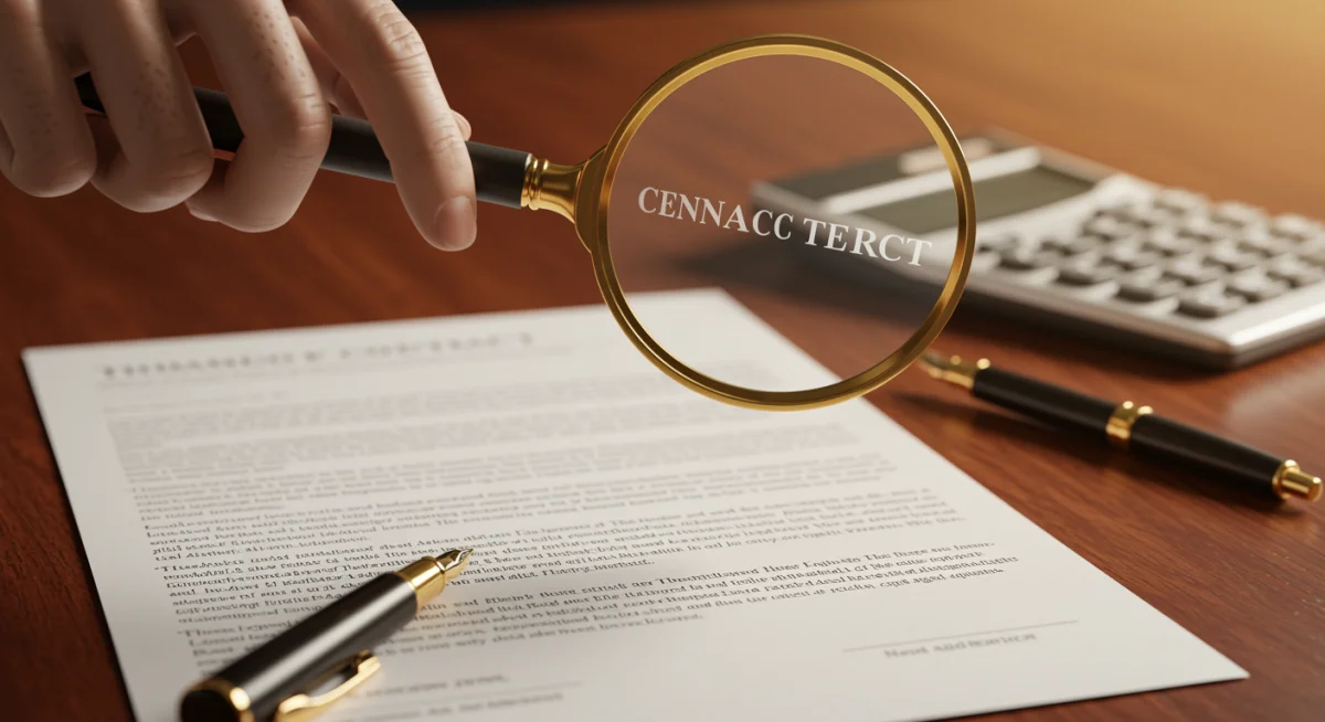 Lupa sobre contrato de financiamento, destacando termos e condições, com calculadora e caneta.