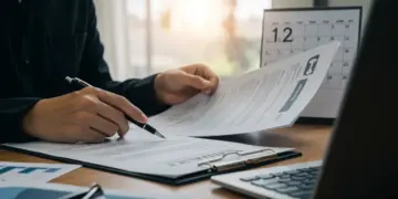 Pessoa analisando documentos de financiamento de veículo, simbolizando a importância da estabilidade no emprego.