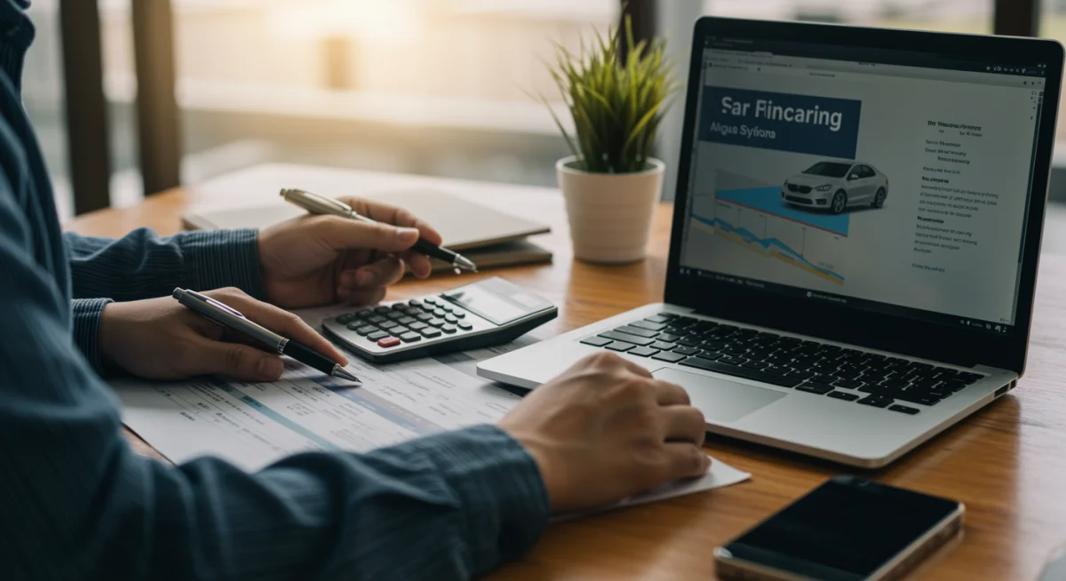Pessoa analisando documentos financeiros e calculadora de financiamento de carro, planejando o uso do FGTS.
