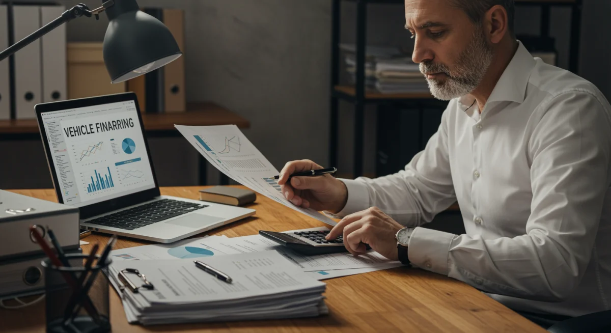 Pessoa analisando documentos financeiros e planilhas em laptop, planejando financiamento de veículo.