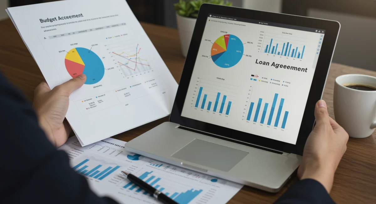 Pessoa analisando documentos financeiros e gráficos de orçamento em um tablet, refletindo o impacto do aumento do IOF.
