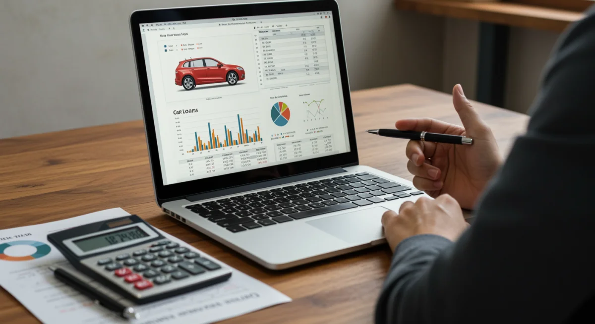 Pessoa analisando planilhas de financiamento automotivo no laptop, com calculadora e caneta, em um ambiente de escritório doméstico.