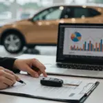 Aumente Suas Chances: Escolha do Veículo e Aprovação de Financiamento Pessoa analisando documentos de financiamento veicular com chaves de carro e gráficos financeiros ao fundo.