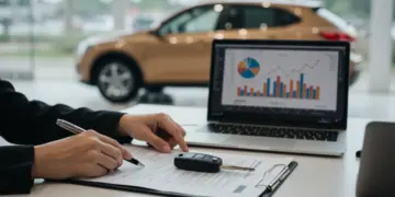 Pessoa analisando documentos de financiamento veicular com chaves de carro e gráficos financeiros ao fundo.