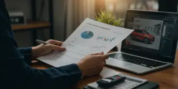 Pessoa analisando propostas de financiamento de veículos usados em um escritório moderno, com gráficos financeiros e um carro ao fundo, em janeiro de 2025.