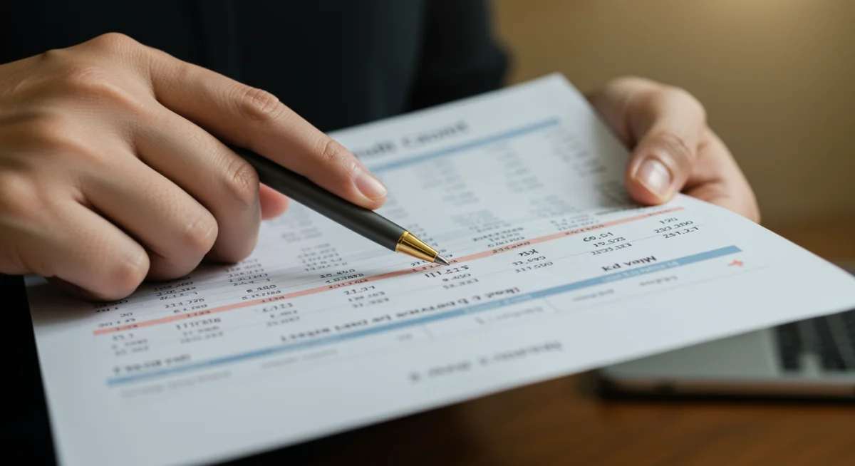 Mão segurando um relatório de crédito, apontando para detalhes sobre a pontuação, crucial para a negociação de juros.