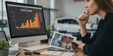 Pessoa analisando score de crédito baixo com chaves de carro e folheto de carros usados