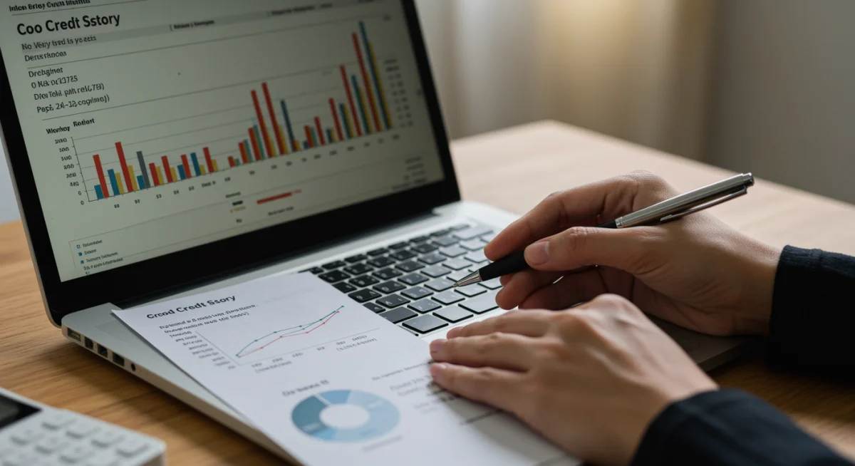 Análise detalhada de um score de crédito positivo em tela de notebook.