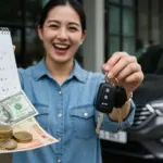 13º Salário 2025: Turbinando a Compra do Seu Carro Pessoa sorridente segurando chaves de carro novo, com calendário 2025 e dinheiro, simbolizando planejamento financeiro para aquisição automotiva.