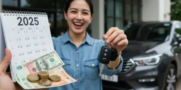Pessoa sorridente segurando chaves de carro novo, com calendário 2025 e dinheiro, simbolizando planejamento financeiro para aquisição automotiva.
