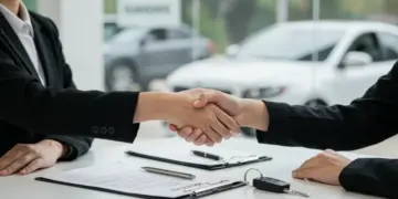 Pessoas apertando as mãos em uma mesa com documentos de financiamento de veículos e uma chave de carro, simbolizando um acordo bancário bem-sucedido.