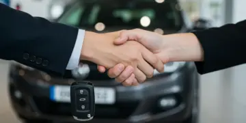 Duas pessoas apertando as mãos, simbolizando acordo e confiança em um financiamento de veículo com avalista.