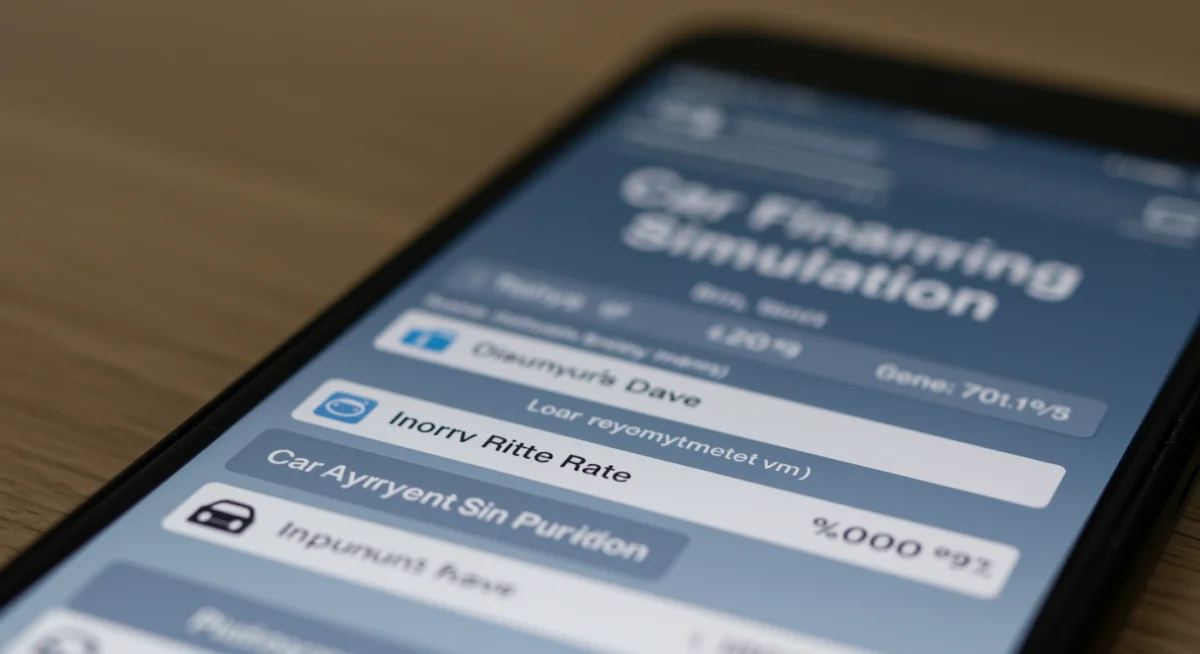 Tela de smartphone exibindo um aplicativo de simulador de financiamento automotivo, com campos para inserção de dados e projeção de parcelas.