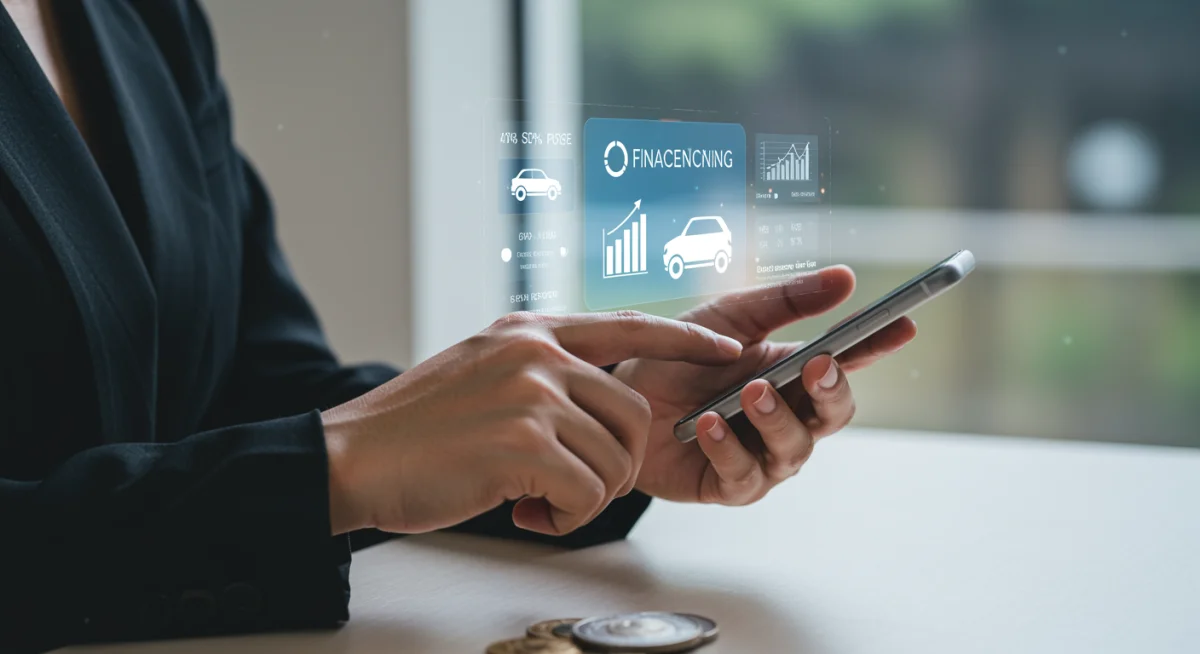 Pessoa utilizando aplicativo de planejamento financeiro no celular, com opções de investimento e financiamento de carro.