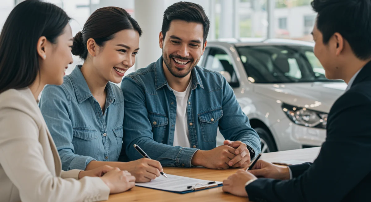 Casal assinando contrato de financiamento de carro usado, comemorando aprovação.