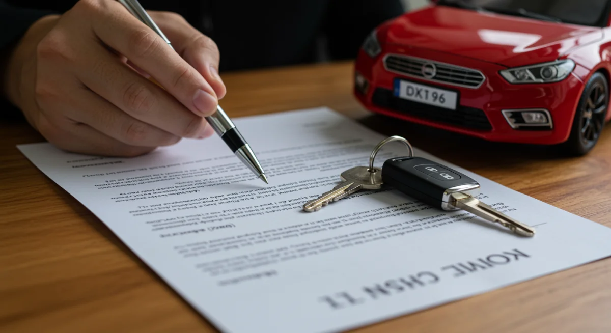 Mão segurando caneta sobre contrato de financiamento de veículo, com chave de carro ao lado, representando a assinatura do acordo.