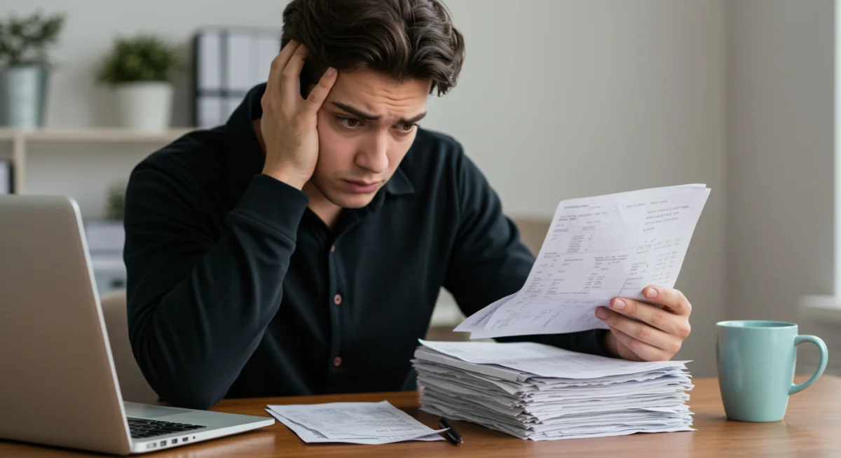 Autônomo preocupado com contas e extrato bancário, refletindo má organização financeira.