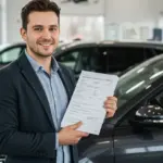 Financiamento de veículos para autônomos: Comprove renda e seja aprovado Autônomo feliz e confiante diante de um carro novo em concessionária, simbolizando financiamento de veículo aprovado.