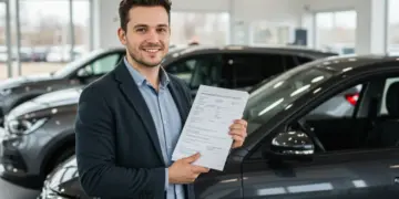 Autônomo feliz e confiante diante de um carro novo em concessionária, simbolizando financiamento de veículo aprovado.