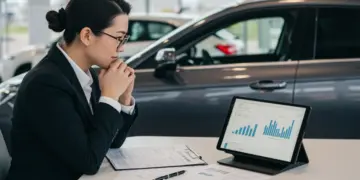 Autônomo analisando documentos financeiros e um carro zero, pensando no financiamento do veículo.