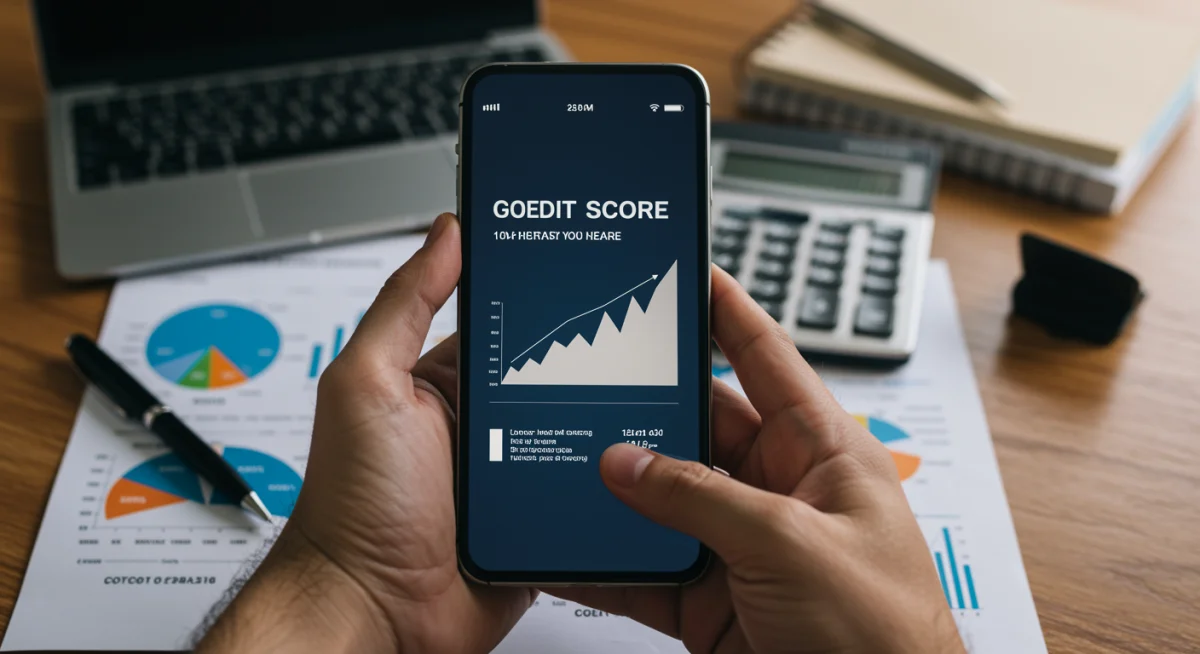 Mão segurando smartphone com bom score de crédito e documentos financeiros