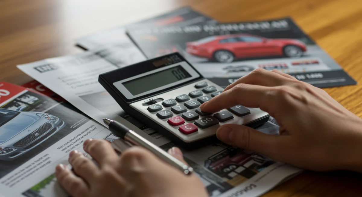 Mão segurando calculadora e comparando brochuras de carros novos