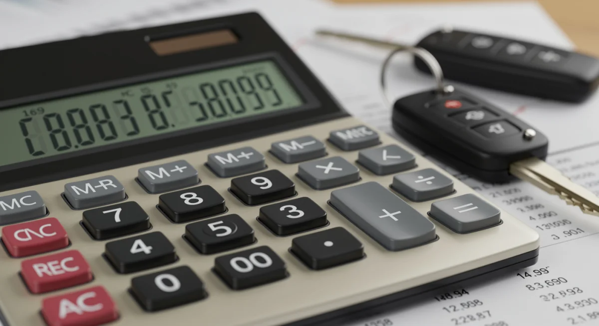 Calculadora exibindo um valor final maior, com uma chave de carro ao lado, representando o aumento dos custos de financiamento.