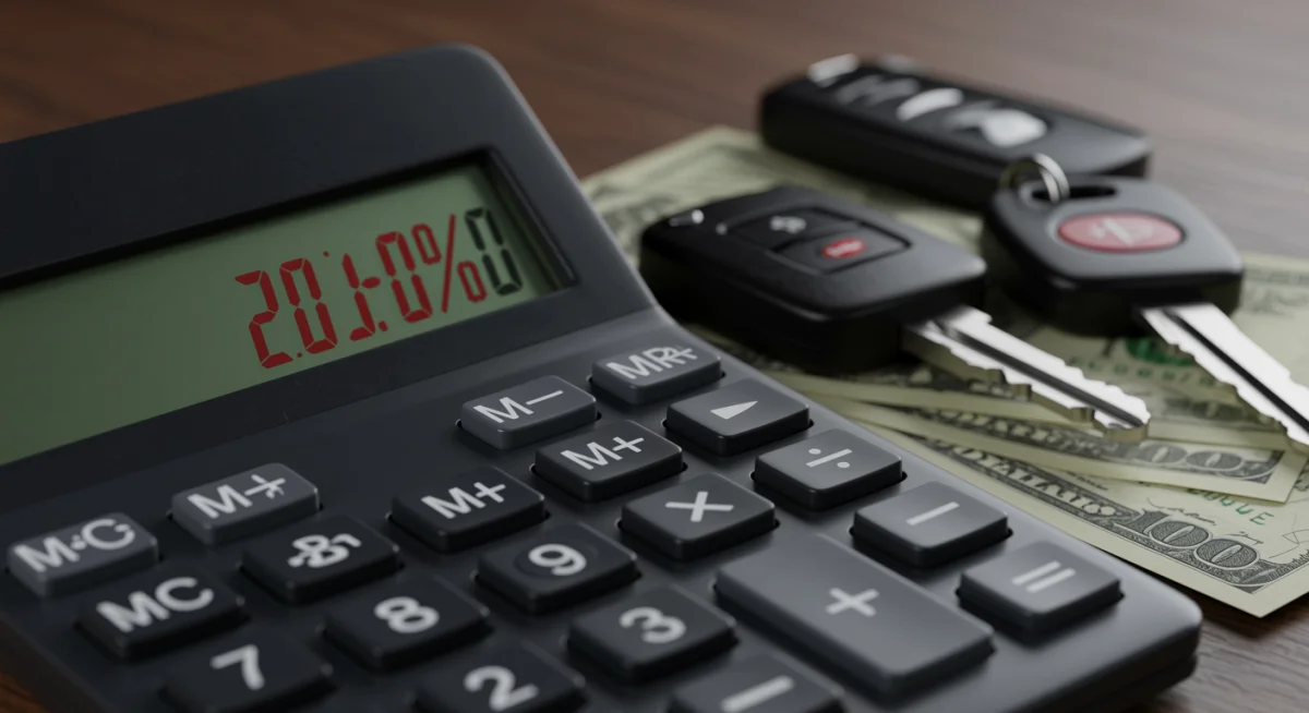 Calculadora exibindo economia de 20% com dinheiro e chaves de carro, simbolizando planejamento financeiro inteligente no financiamento automotivo.