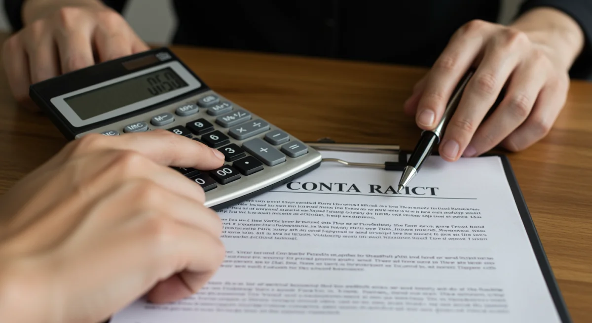 Mão segurando calculadora com taxas de juros, ao lado de caneta e contrato de financiamento automotivo.