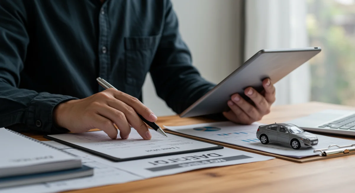 Pessoa calculando finanças em tablet, com documentos e um carro em miniatura, representando planejamento financeiro automotivo.