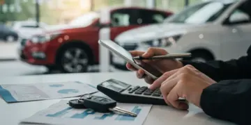 Pessoa calculando opções de compra de veículo, simbolizando decisão financeira entre financiar ou comprar à vista.