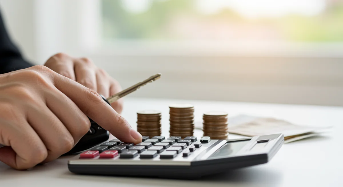 Mão usando uma calculadora ao lado de chaves de carro e dinheiro, representando o cálculo da depreciação.