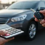 Pessoa calculando a quitação antecipada de financiamento de carro novo com chaves e veículo ao fundo.