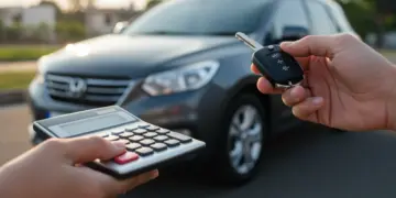 Pessoa calculando a quitação antecipada de financiamento de carro novo com chaves e veículo ao fundo.