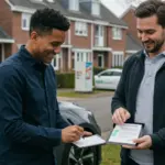 Carro por assinatura: vale a pena em 2025? Análise Custo-Benefício Homem recebendo um carro por assinatura novo em frente à sua casa, com um sorriso satisfeito. O carro é moderno e brilhante, representando a conveniência e a ausência de preocupações com a posse.