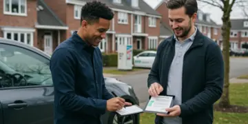 Homem recebendo um carro por assinatura novo em frente à sua casa, com um sorriso satisfeito. O carro é moderno e brilhante, representando a conveniência e a ausência de preocupações com a posse.