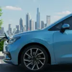 Financiamento de Carros Elétricos e Híbridos: Taxa Zero em 2025? Carro elétrico moderno carregando em estação pública com fundo de cidade, simbolizando inovação e sustentabilidade.