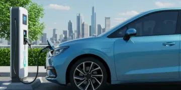 Carro elétrico moderno carregando em estação pública com fundo de cidade, simbolizando inovação e sustentabilidade.