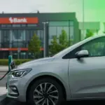 Financiamento de Veículos Elétricos: Incentivos e Taxas Reduzidas em 2025 Carro elétrico sendo carregado em estação pública, com símbolos de financiamento bancário