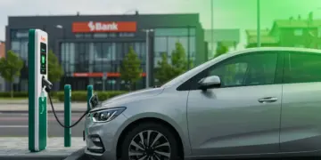 Carro elétrico sendo carregado em estação pública, com símbolos de financiamento bancário