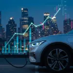Taxas de Juros Financiamento Híbridos e Elétricos em 2025 Carro elétrico sendo carregado com gráficos de taxas de juros sobrepostos, simbolizando o financiamento de veículos híbridos e elétricos em 2025.