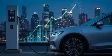 Carro elétrico sendo carregado com gráficos de taxas de juros sobrepostos, simbolizando o financiamento de veículos híbridos e elétricos em 2025.