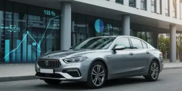 Carro novo corporativo em frente a um prédio moderno, simbolizando financiamento CNPJ e economia empresarial.