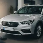 Carro novo brilhante em concessionária, com documentos de financiamento e calculadora em segundo plano, simbolizando a compra sem entrada.