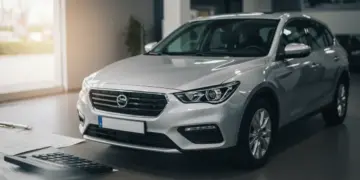 Carro novo brilhante em concessionária, com documentos de financiamento e calculadora em segundo plano, simbolizando a compra sem entrada.
