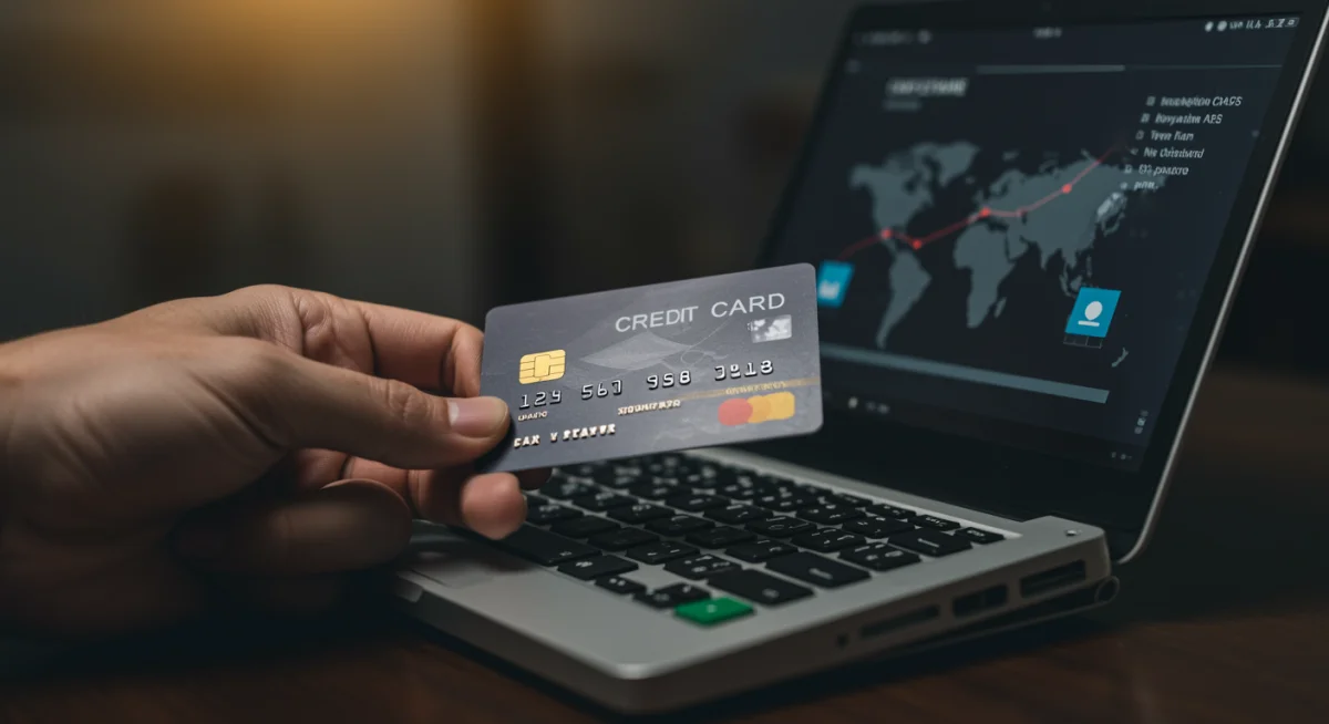 Cartão de crédito sendo utilizado em uma transação online, representando o uso responsável do crédito e seu impacto na pontuação de score.